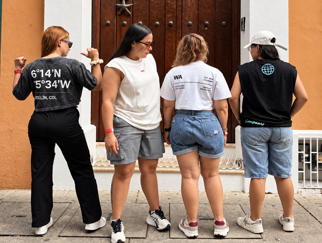 Cuatro personas de la Tribu WA con prendas de la marca, frente a una puerta colonial
